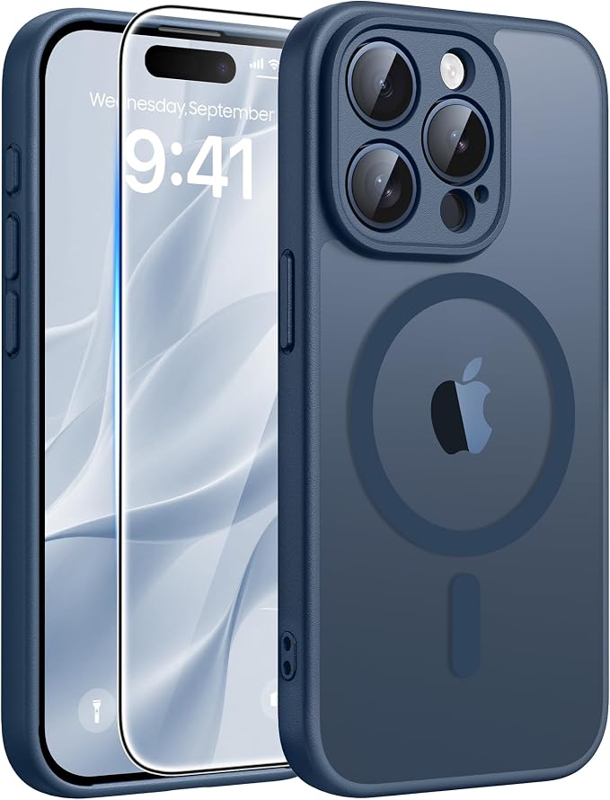 FNTCASE for iPhone 15 Pro Case, Fit for Magsafe, Screen Protector, Blue | Full Camera Protection, Translucent Matte, 14FT Military Grade Drop Proof, Shockproof Protective Phone Cover by FNTCASE