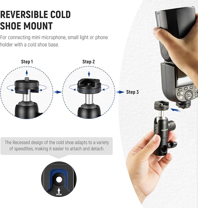 NEEWER Light Stand Mount Adapter w Cold Shoe & 1/4" Screw Mini Ball Head | Reversible Mounting Plate for Camera, Monitor, Ring Lights, Fits Flat Head, Boom Arm, C Stands, Max. Load 22lb/10kg - Image 5