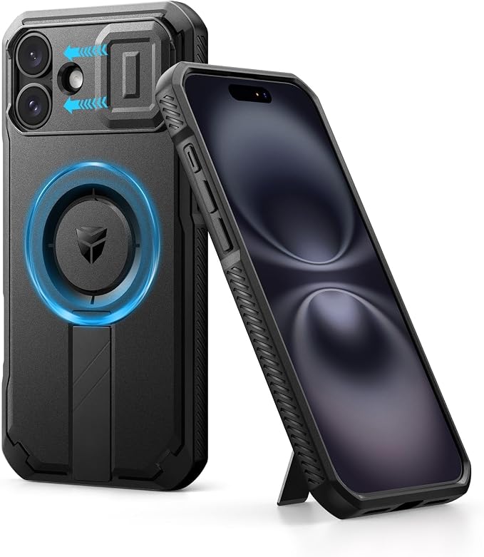 Dexnor for iPhone 16 Plus Case with Slide Camera Cover & Adjustable Kickstand, Magnetic Rugged Shockproof Bumper Cases Heavy-Duty Mangetic Protective Cover,Black by Dexnor