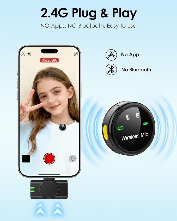 Wireless Lavalier Microphone for iPhone iPad Android Phone, Round Mini Mics | 360° Rotatable Clip, Clear Indicator Light, 30 H Battery Life, Ideal for Video Recording YouTube TikTok Content Creators - Image 3