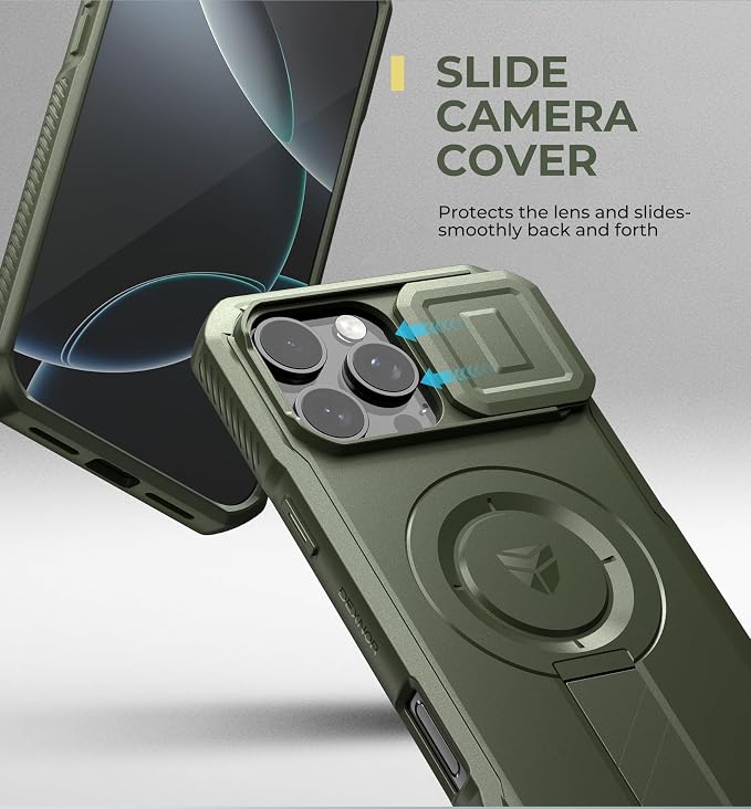 Dexnor for iPhone 16 Pro Max Case with Slide Camera Cover & Adjustable Kickstand, Rugged Shockproof Bumper Cases Heavy-Duty Magnetic Protective Cover,Army Green - Image 4