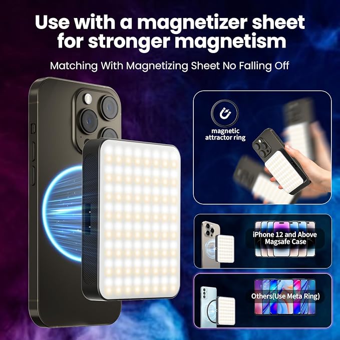 136 LED RGB Magnetic Selfie Light, gliship Portable 360° Full Color RGB Video Light Compatible with Magsafe Rechargeable Portable Clip Fill Light with 9 Lights Modes for Phone Camera Laptop Camera - Image 3