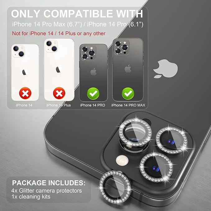 Choiche for iPhone 14 Pro/iPhone 14 Pro Max Camera Lens Protector | Ultra HD, Bling 9H Tempered Glass Camera Cover Screen Protector Metal Ring Decoration Accessories (Diamond-Black) - Image 2