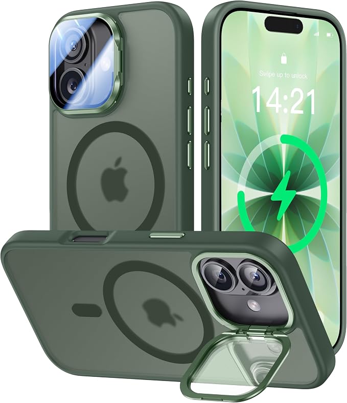 VOFATA [Upgraded Full Camera Protection] for iPhone 17 Case with Camera Cover Stand [Fit for MagSafe][10FT Mil-Grade Protection] Translucent Magnetic iPhone 17 Phone Case, Green by VOFATA