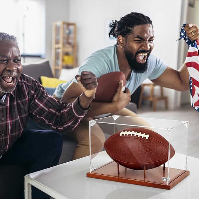 Clear Acrylic Football Display Case with Wood Base & Tee, Memorabilia Stand Cube Holder, Dust Protection Transparent Storage Box for Single Ball Souvenir Football Collections - Image 8