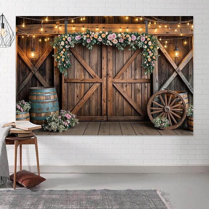 6x4ft Country Wedding Photography Backdrop Rustic Barn Door Photography Backdrop Farmhouse Pink Flower Cabin Wooden Birthday Baby Shower Wedding Bridal Party Banner Photo Booth Props Background - Image 7