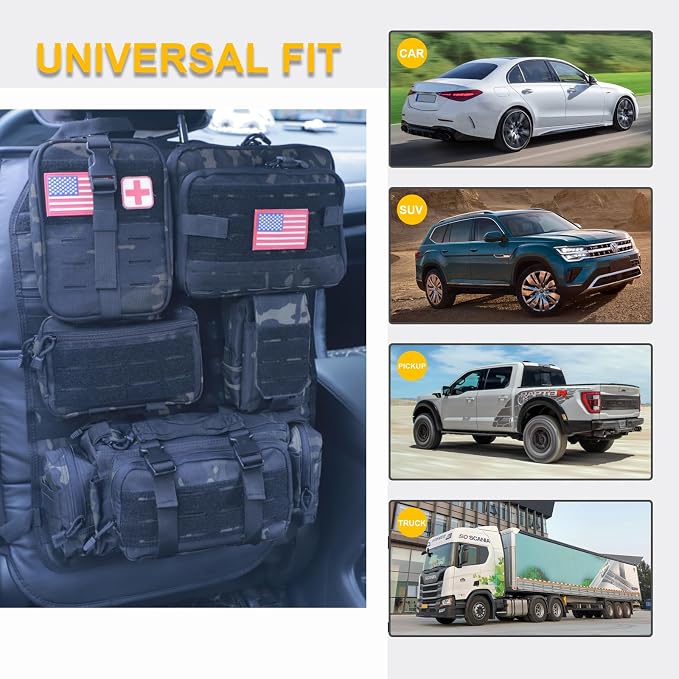 Universal Tactical Car Seat Back Organizer Bag Tactical Molle Vehicle Organizers Panel Vehicle Protector Organizers with 5 Detachable Pouches for Car Truck Ford Jeep (Upgraded D model Black camo) - Image 2