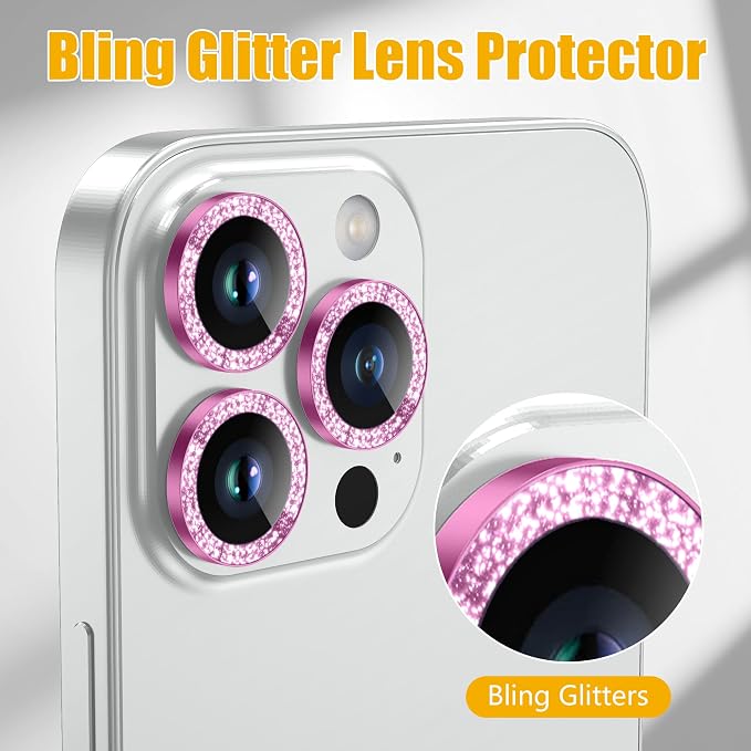 AGVEE 3+3 6 Pack for iPhone 14 Pro & Max Camera Lens Protector Cover | Individual Bling Diamond & Bling Glitter Sparkle Cute Gem Metal Ring, 9H Tempered HD Glass - Image 5