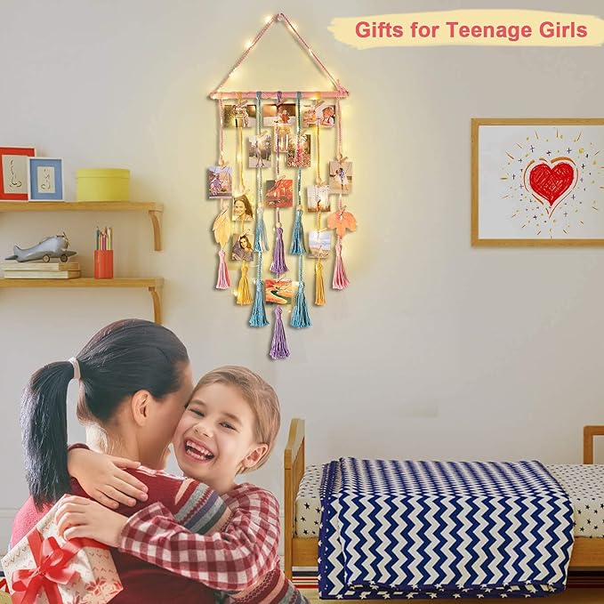 Homecor Room Decor for Teen Girls, Hanging Photo Display Macrame Picture Collage Wall Decor, Boho Decor for Bedroom Apartment Dorm Room with Remote Light, Christmas Birthday Gifts for Teenage Girls - Image 4