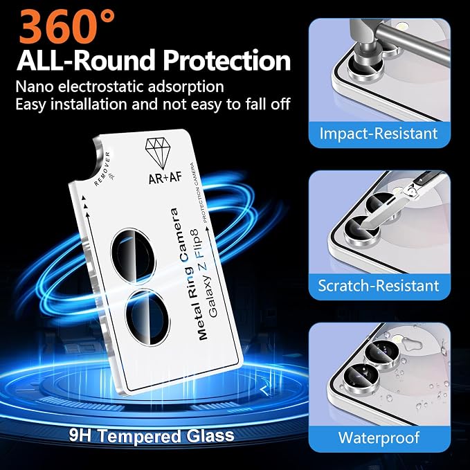 for Samsung Galaxy Z Flip 8 Camera Lens Protector, Individual Metal Ring Tempered Glass Lens Cover, [Strong Adsorption] Scratch Resistant Ultra-Thin HD Clear Lens Cover, 1 Set-Slivery Ring - Image 2