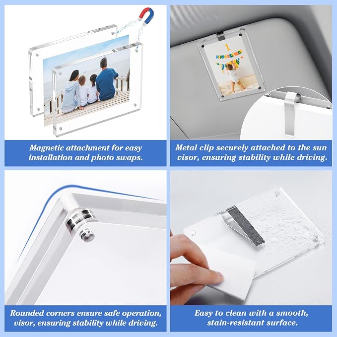 1797 Car Sun Visor Clip Photo Holders 2 Pack, Cute Personalized Gift for Dad Mom Husband Wife, Magnetic Acrylic Picture Frame fit Polaroid & Wallet Photos 4.72 x 3.15 inch - Image 3