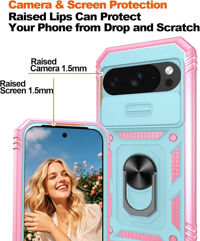 Gritup for Pixel 10 Case: Pixel 10 Pro Case with 2*Screen Protector, Magnetic Stand & Slide Camera Cover, Shock Proof Military-Grade para Google Pixel 10/10 Pro Cover, Green+Pink - Image 5