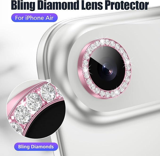 AGVEE 3+3 6 Pack for iPhone Air Camera Lens Protector Cover | Individual Bling Diamond & Bling Glitter Sparkle Cute Gem Metal Ring, 9H Tempered HD Glass - Image 4