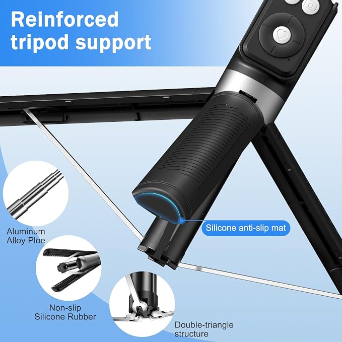 Selfie Stick Tripod with Fill Light, Phone Selfie Stick,Durable Stainless Steel Design,Bluetooth Remote Control,and Stable Three-Legged Support for Live Broadcasts,Video Shooting (Black) - Image 7