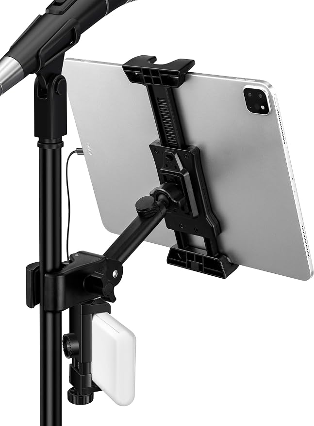Tablet Holder for Microphone Stand with Power Bank Clip, iPad Music Stand | 360° Adjustable Spring-Loaded Clip Clip-on Phone Mount for Sheet Music Stand, Fits Devices Screen Size from 4.7 to 13.5” by LZSIG