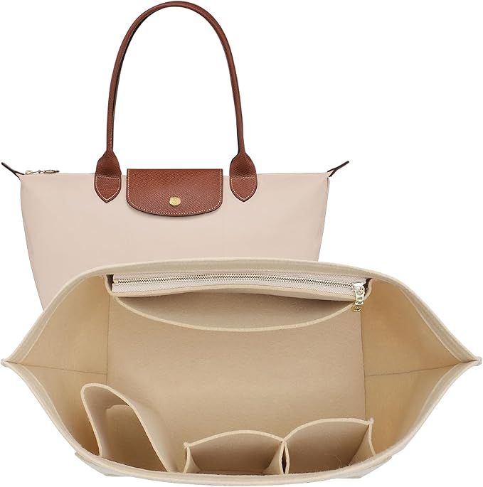 Doxo Purse Organizer Insert for Longchamp Le Pliage Tote, Large Bag Organizer with YKK Zipper Pocket & Cup Holder, Handbag Shaper for Women, Fits Original/Green/Energy L Tote, Beige-WL by Doxo