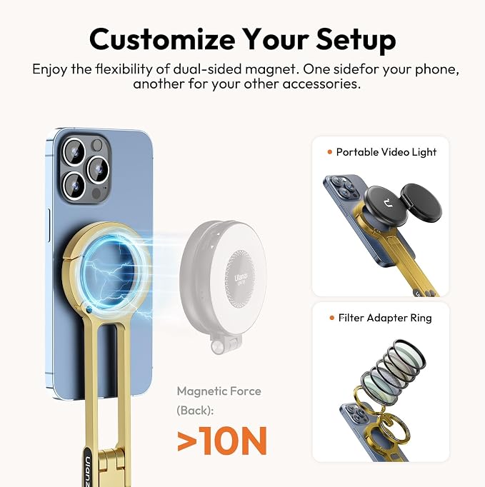 ULANZI MA30 Magnetic Phone Tripod Stand for iPhone - Aluminium Maglock Smartphone Mini Tripod Pocket Cell Phone Stand Strong Magnet Quick Mount Compatible with iPhone 17 16 15 14 13 12 Series, Gold - Image 6