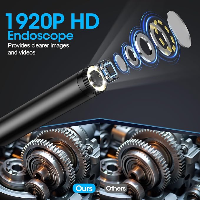 Endoscope with Light, 1920P HD Borescope with 8 Adjustable LED Lights, Semi-Rigid Snake Camera, IP67 Waterproof Inspection Tool (16.4ft, Black Harness + Single Lens) - Image 2
