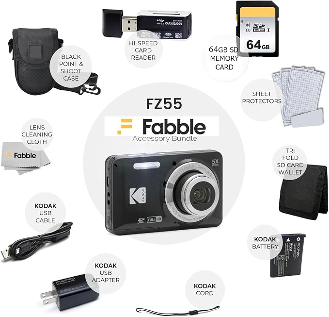 Kodak PIXPRO FZ55 Digital Camera (Black) + Black Point & Shoot Camera Case + 64GB SD Memory Card + Tri-fold Memory Card Wallet + Hi-Speed SD USB Card Reader + More! - Image 2