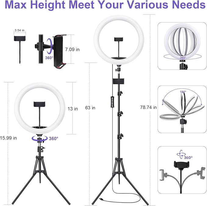 12" Selfie Ring Light with 75" Tripod Stand & 2 Phone Holder, LED Camera Ringlight with 48 RGB Colors Modes & Musical Rhythm Mode and 12 Brightness Dimmable for TikTok/Makeup/Photography/Vlog - Image 6