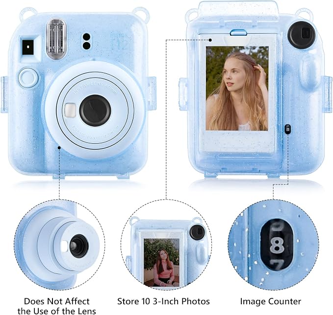 Rieibi Clear Case Compatible with Fuji Instax Mini 12 - Glitte Case Bag for Fujifilm Instax Mini 12 Instant Camera with Back Pocket, Strap and Photo Album - Glitter Blue - Image 4