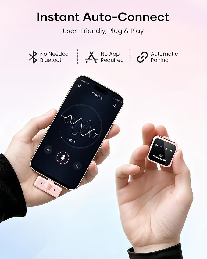 Wireless Lavalier Microphone for iPhone iPad Android with Charging Case 80h Battery Life, Noise Cancellation, 164ft Range Plug-Play Clip On Lapel Mic for YouTube, Video Recording, Vlog (Pink) - Image 2