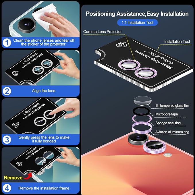 for Samsung Galaxy Z Flip 7 Camera Lens Protector, Individual Metal Ring Tempered Glass Lens Cover, [Strong Adsorption] Scratch Resistant Ultra-Thin HD Clear Lens Cover, 1 Set-Purple Sparkly - Image 6
