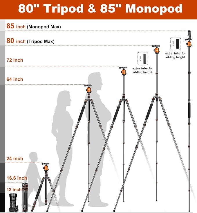 80/85 inches Heavy Duty Tripod for Camera Phone, 85" Camera Tripod Monopod | Tripod Stand for DSLR Binoculars Spotting Scope Camcorders Video, 360 Degree Ball Head, 35 lbs Loads - Image 2