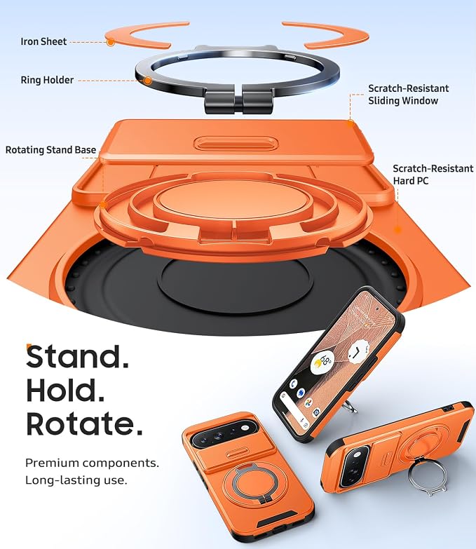 JAME for Google Pixel 10/10 Pro/11/11 Pro Case, Stand & Slide Camera Cover | Ring Holder Kickstand, Screen Protectors, Dual-Layer Shockproof Protective, Magnetic Accessory Friendly Phone Case, Orange - Image 7