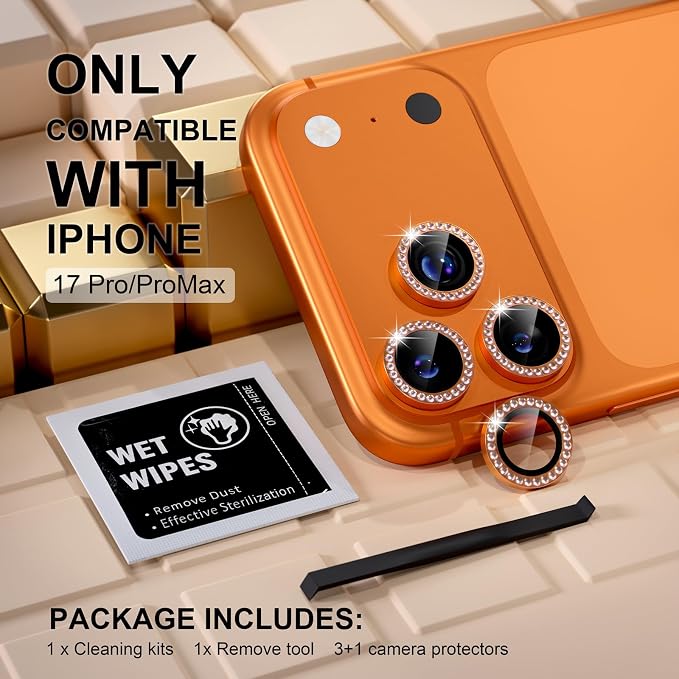 Misea Compatible for iPhone 17 Pro/iPhone 17 Pro Max Camera Lens Protector | 9H Tempered Glass Ultra HD Bling Camera Screen Protector Cover Metal Individual Ring Decoration Accessories, Orange Diamond - Image 2