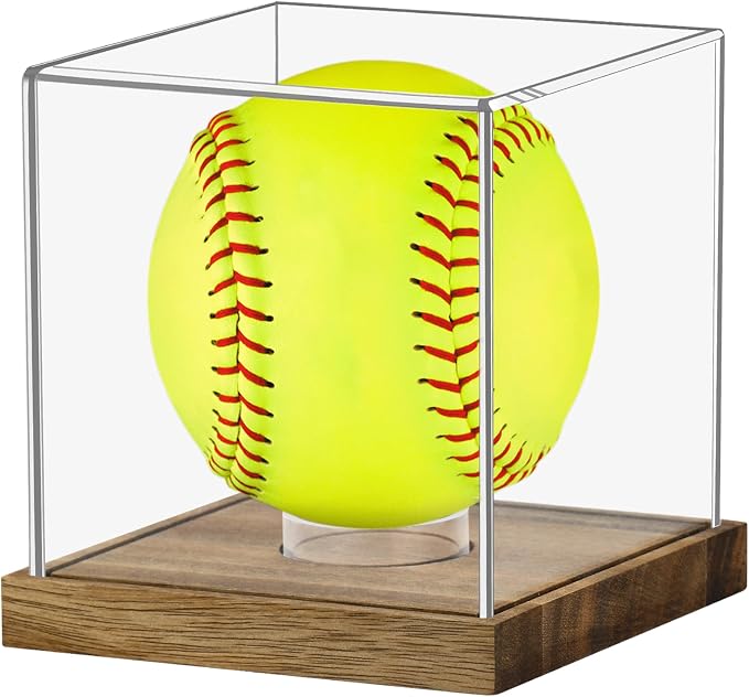 Clear Acrylic Softball Display Case with Wood Base, Memorabilia Stand Cube Holder, Dust Protection Transparent Storage Box for Single Ball Souvenir Softball Collections by Hxezoc