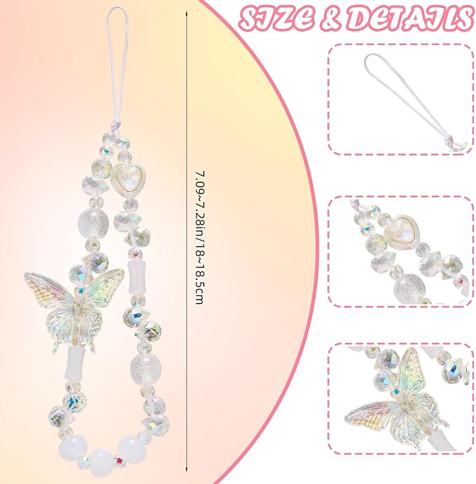 BEEFLYING Beaded Butterfly Phone Charm Wrist Strap for Case, Clear | Sparkling Y2K Cute Cellphone Chain, for Keychain Bag Camera Car Key Pendant - Image 2