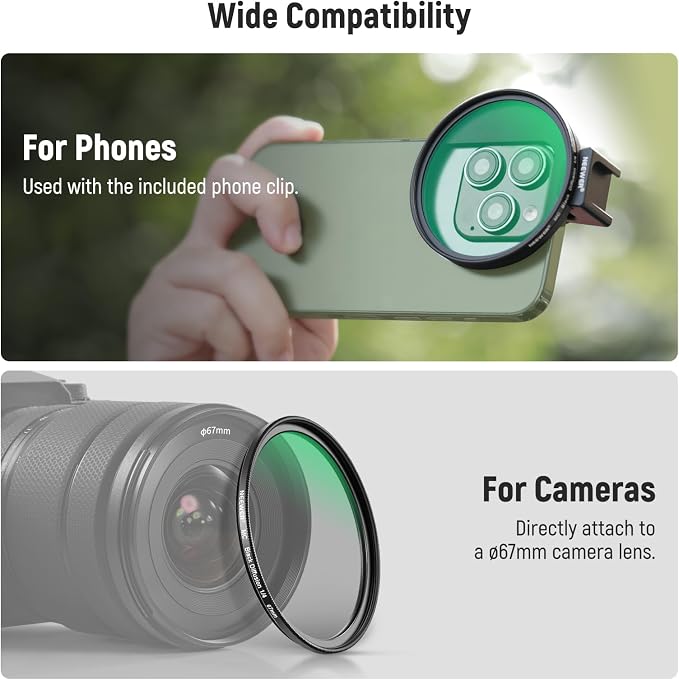NEEWER 67mm Black Diffusion 1/4 Filter for Mist Cinematic Effect & Cold Shoe Phone Clip, Pouch & Lens Cleaning Cloth, Compatible with iPhone 17 16 16e 15 Pro Max Android Samsung Galaxy S26 Ultra - Image 7