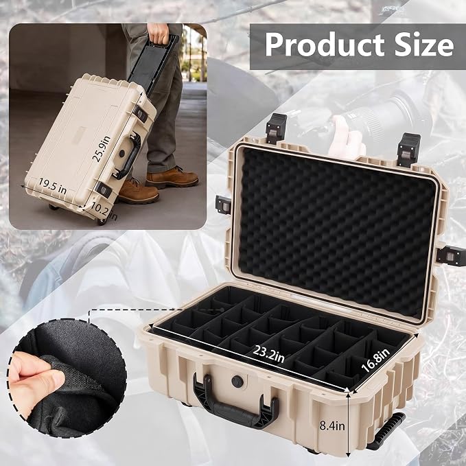 Relaxweex Rolling Camera Hard Case with Padded Dividers & Wheels, Impact-resistant Hard Shell Travel Case for Cameras, Lenses & Accessories(26 x 20 x 10 Inch,Sand Color) - Image 2