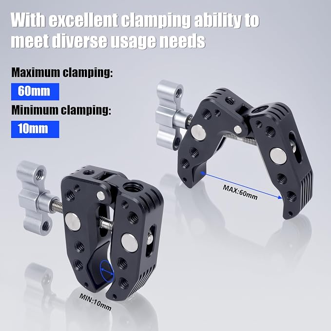Universal Camera Clamp 10-60mm with 1/4"-3/8" Threads & Positioning Holes - Multi-Angle Adjustable Clamp for DSLR, Bike Handlebar, Desktop Streaming (Lightweight Aluminum Alloy) 62019 - Image 2