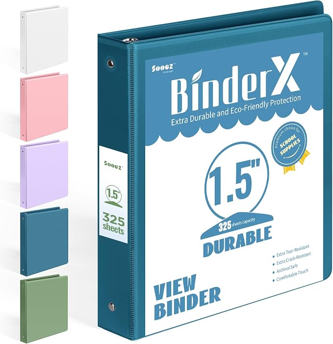 BinderX 3 Ring Binder 1.5 Inch, 1.5" Clear View Binder, Navy Blue, Letter | Extra Durable, PVC-Free, Customizable, Interior Pockets, 325-Sheet Capacity, Eco-Friendly, Reinforced Hinge, School, Office by Sooez
