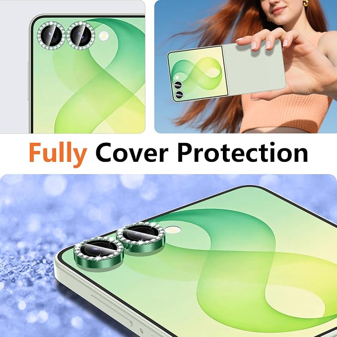 for Samsung Galaxy Z Flip 8 Camera Lens Protector, Individual Metal Ring Tempered Glass Lens Cover, [Strong Adsorption] Scratch Resistant Ultra-Thin HD Clear Lens Cover, 1 Set-Green Diamond - Image 8