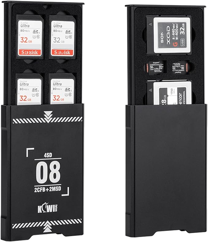 8 Slots Pop-Up Memory Card Holder SD CFexpress Type-B XQD Case | Stores 4 SD, 2 Micro SD, 2 CFexpress Type-B/XQD cards with shockproof EVA foam slots, pop-up push design by KIWIFOTOS