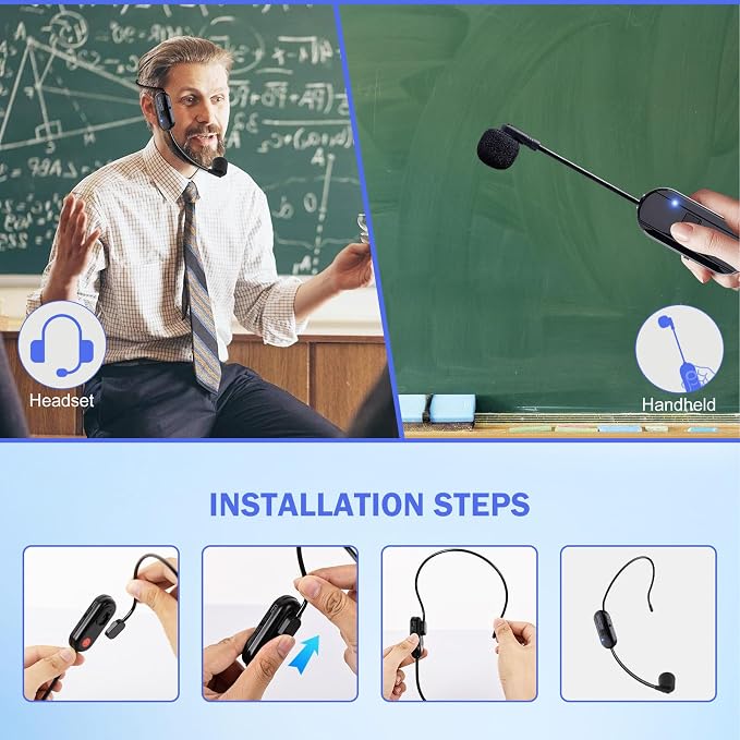 Wireless Microphone Headset Double Professional: Cordless Mic Head for Two People, Heads Handheld Mics 2 in 1- USB-C Rechargeable - 1/4'' and 1/8'' Plug for PA System, Voice Amplifier,Teaching,Fitness - Image 5