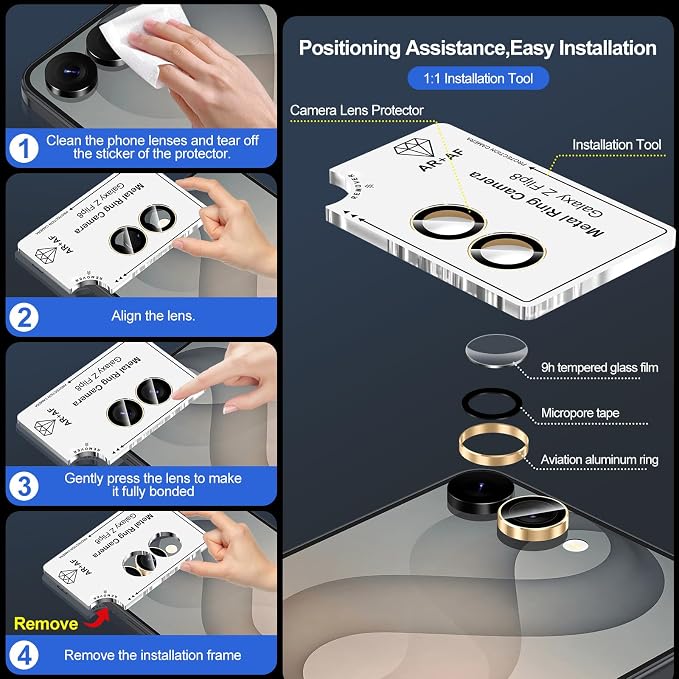 for Samsung Galaxy Z Flip 8 Camera Lens Protector, Individual Metal Ring Tempered Glass Lens Cover, [Strong Adsorption] Scratch Resistant Ultra-Thin HD Clear Lens Cover, 1 Set-Gold Ring - Image 7