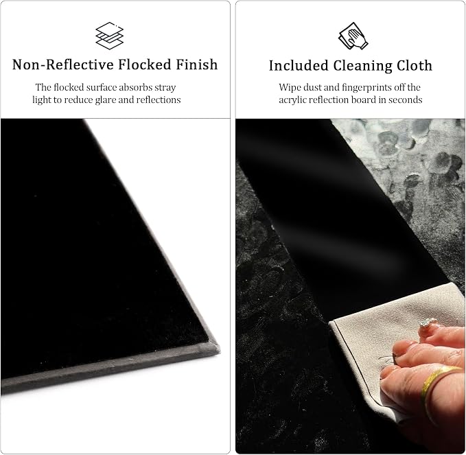 16 x 11.5 in Photo Backdrop Kit, Black Acrylic Sheet and Flocked Board | Mirror-Like Acrylic And Light-Absorbing Flocked Board For Photos Of Jewelry, Cosmetics, Figurines, Watches And Glassware - Image 6
