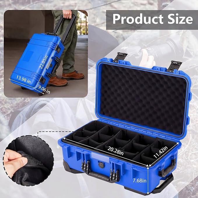 Relaxweex Rolling Camera Hard Case with Padded Dividers & Wheels, Impact-resistant Hard Shell Travel Case for Cameras, Lenses & Accessories(22 x 14 x 9 Inch,Blue) - Image 2