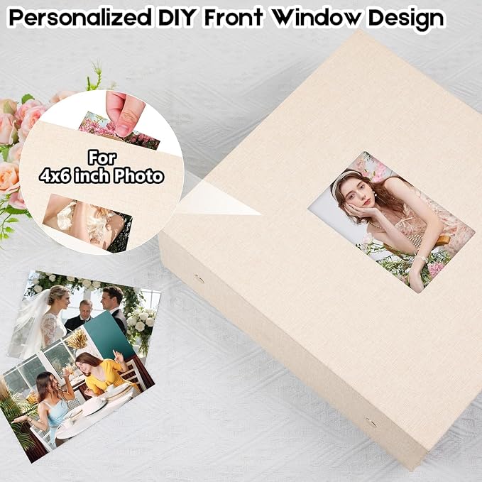 Aevdor Large Capacity 4x6 Photo Album, 1000 Photos, Linen Cover, Beige | Black Inner Pages, 3 Horizontal and 2 Vertical Pockets per Side, Front Photo Window, Family, Wedding & Travel Memories - Image 5