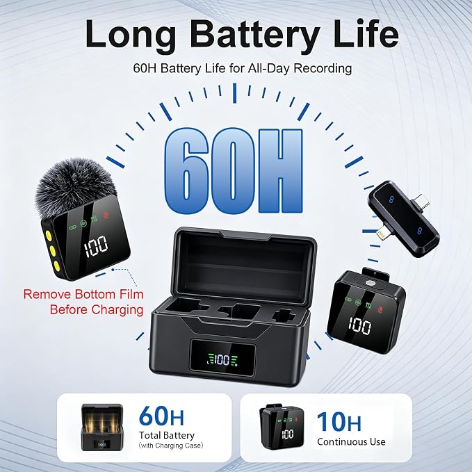 2 Mini Wireless Lavalier Microphones for iPhone & Android, Noise Cancelling, Plug & Play, 60H Battery with Charging Case, Portable Lapel Mic for Content Creators, Podcast, Streaming (Black) - Image 5