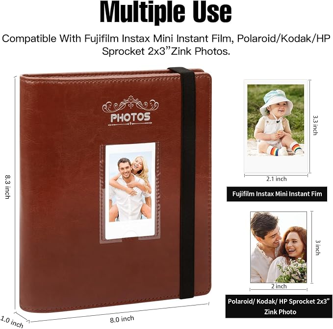 Veicevol 288-Pocket 2x3 Photo Album for Instax Mini and Polaroid, Brown | PU Leather Cover Keeps, Fits Instax Mini and Polaroid 2x3 Photos, Protects Travel, Wedding and Family Memories - Image 2