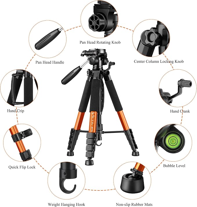 Victiv 74” Camera Tripod, Phone Tripod for iPhone with Phone Holder, Orange | Aluminum Professional Heavy Duty Camera Tripod Stand, Tall Tripod for DSLR with Carry Bag, Compatible with Canon Nikon iPhone - Image 7