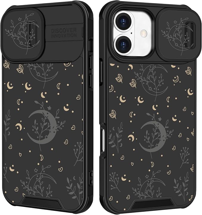 for iPhone 16 Plus Case - Women Cute Phone Cover Girly Pretty Fancy Unique Aesthetic Design Slide Camera Cover Protective Case for Apple for iPhone 16 Plus,Black Moon Stars by Goocrux