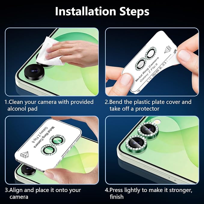 for Samsung Galaxy Z Flip 8 Camera Lens Protector, Individual Metal Ring Tempered Glass Lens Cover, [Strong Adsorption] Scratch Resistant Ultra-Thin HD Clear Lens Cover, 1 Set-Green Diamond - Image 7