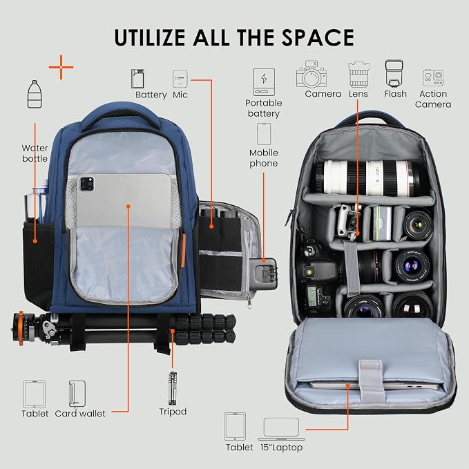 TARION Camera Backpack for Photographers Compact 15L, TB04 Blue | 15 Inch Laptop Compartment, Side Access Quick Draw, Anti-theft Hidden Pocket, Tripod Holder, Rain Cover, Travel-Friendly - Image 2