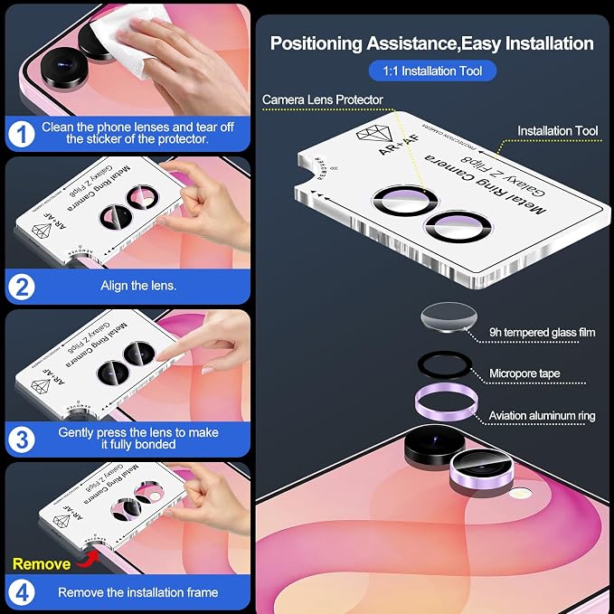 for Samsung Galaxy Z Flip 8 Camera Lens Protector, Individual Metal Ring Tempered Glass Lens Cover, [Strong Adsorption] Scratch Resistant Ultra-Thin HD Clear Lens Cover, 1 Set-Purple Ring - Image 7